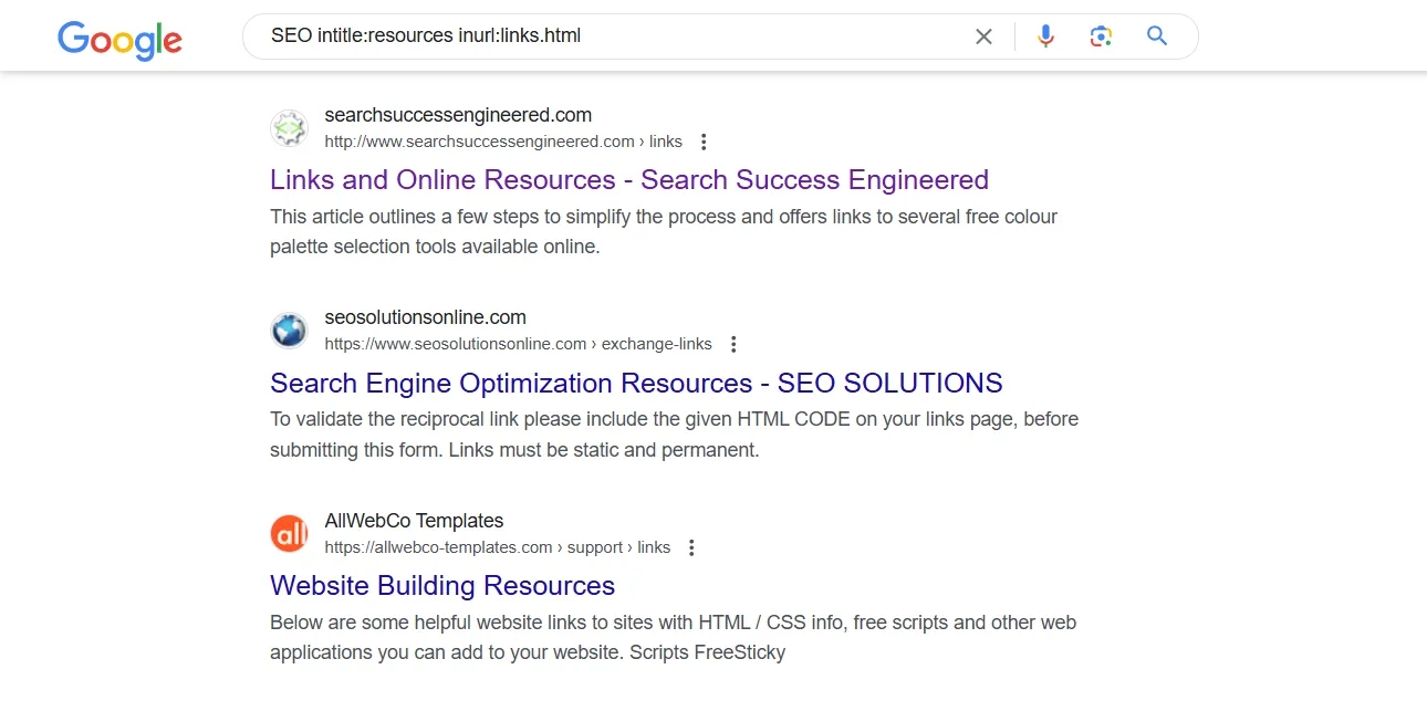 How we might search for resource pages about SEO using special google strings